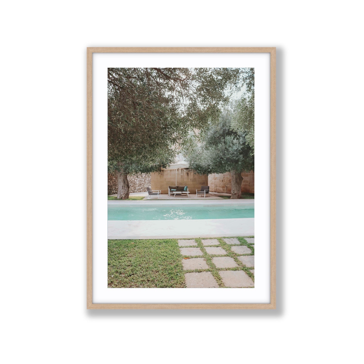 Idyllic Escape Puglia Mediterranean wall art Extra Large fine art print in natural oak frame with matboard