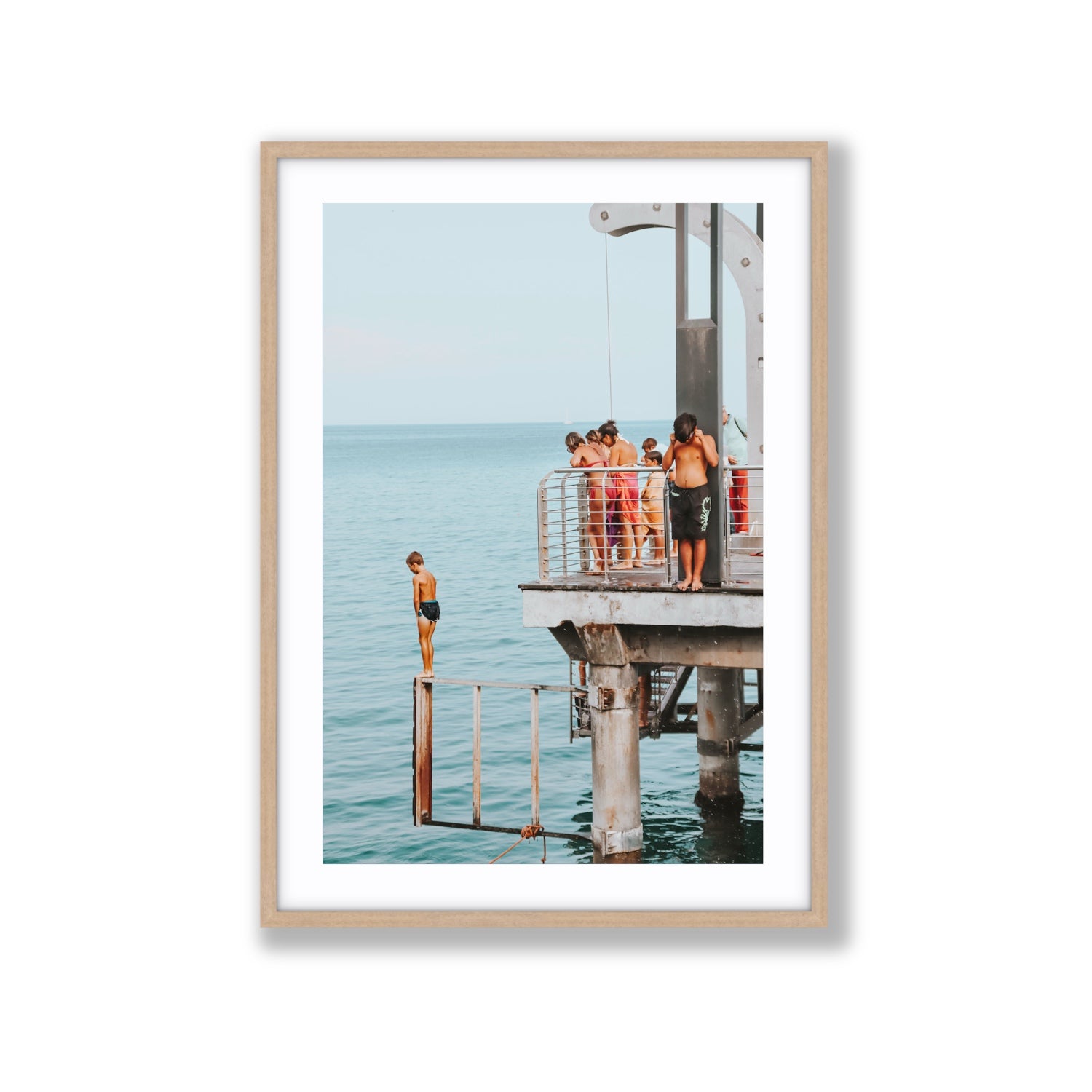 Golden Boy Alassio coastal decor wall art Extra Large fine art print in natural oak frame with matboard