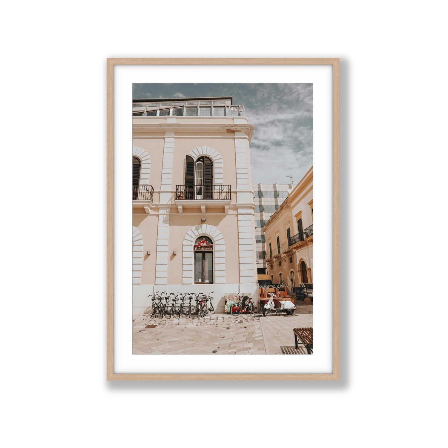 Rosticceria Puglia Italian wall art Extra Large fine art print in natural oak frame with matboard