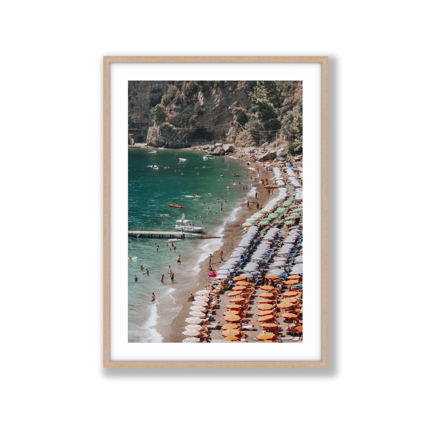 Ocean's Playground Positano decor wall art Extra Large fine art print in natural oak frame with matboard