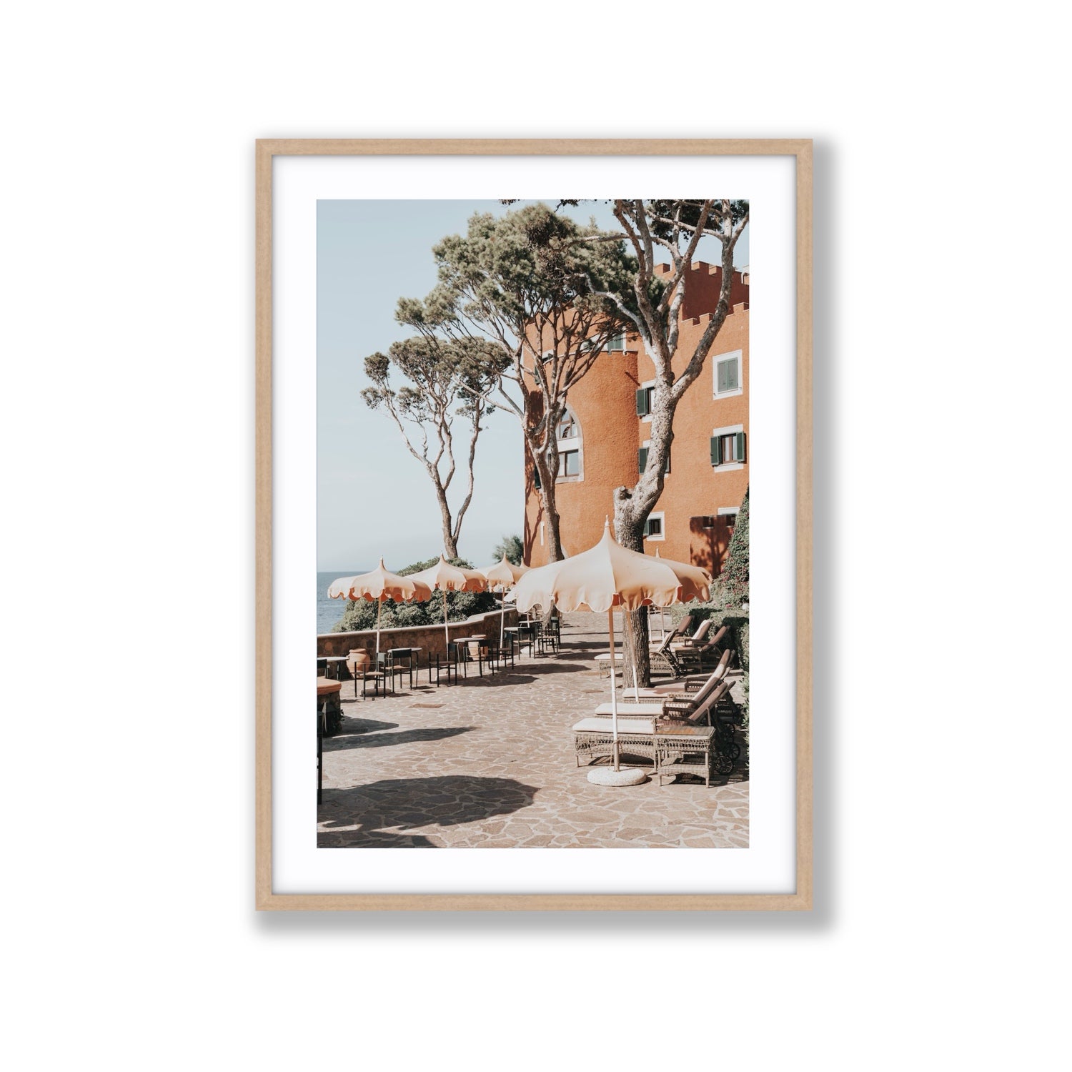 Mezzatorre Ischia Italian Mediterranean decor wall art Extra Large fine art print in natural oak frame with matboard