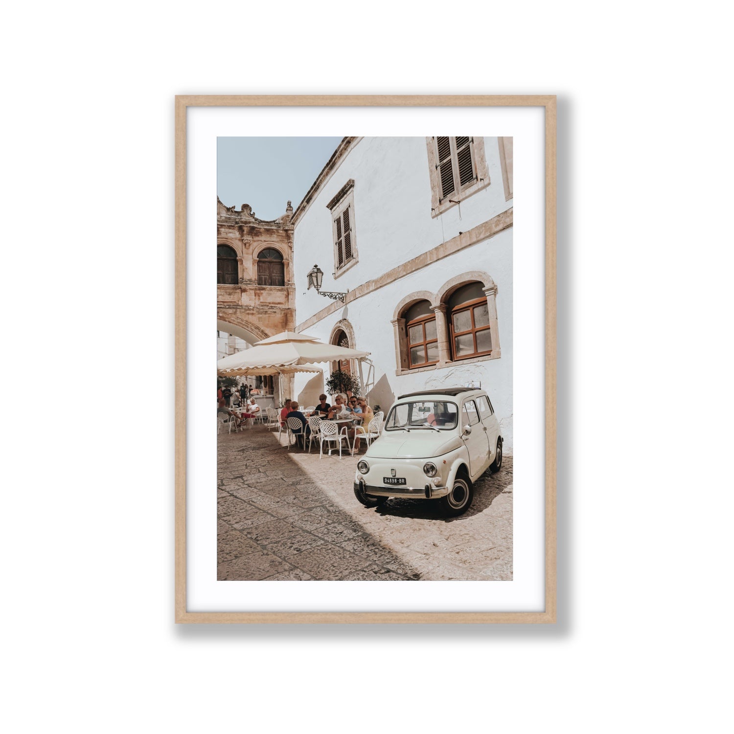 Piazza di Ostuni Puglia Italian wall art Extra Large fine art print in natural oak frame with matboard