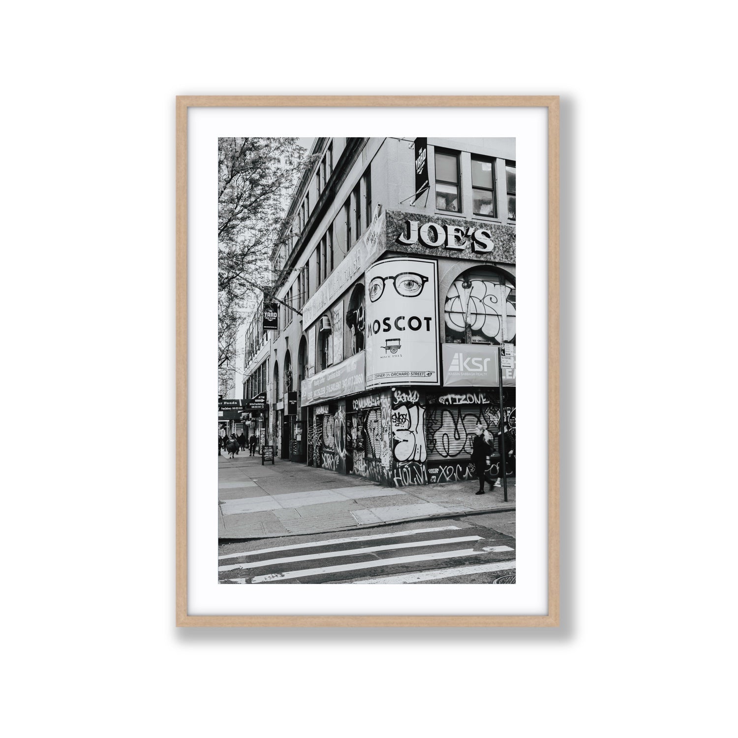 Lower East Side Murals New York NYC Black & White wall art Extra Large fine art print in natural oak frame with matboard
