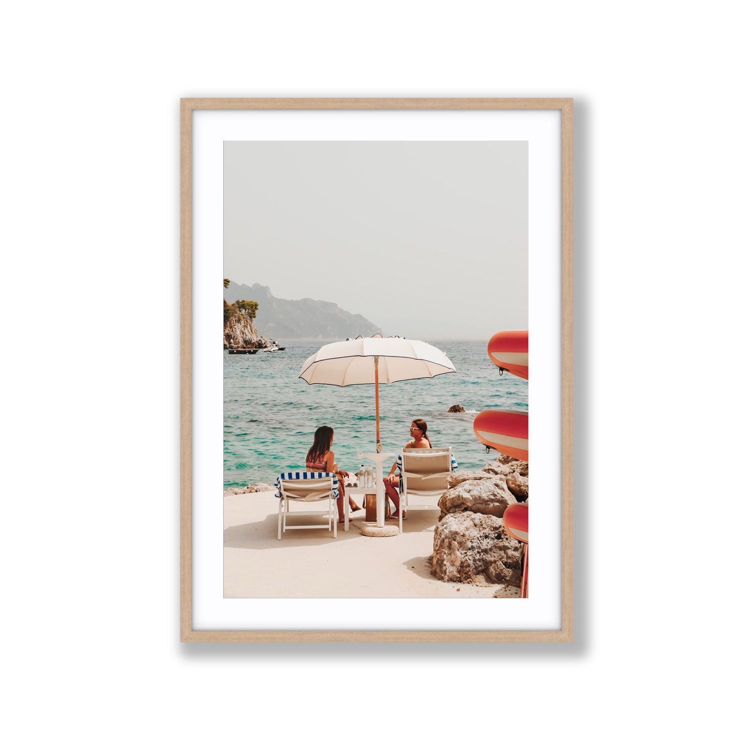 Salty Banter Amalfi Mediterranean wall art Extra Large fine art print in natural oak frame with matboard