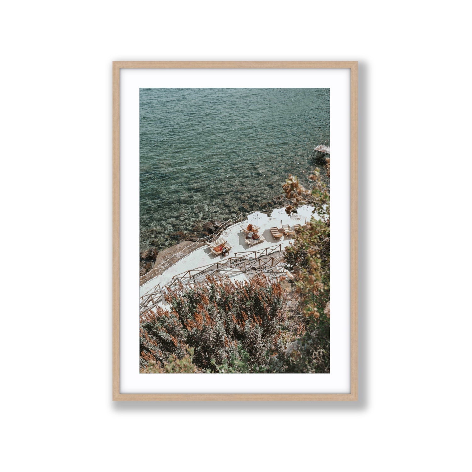 Hidden Gem Tuscany coastal wall art Extra Large fine art print in natural oak frame with matboard