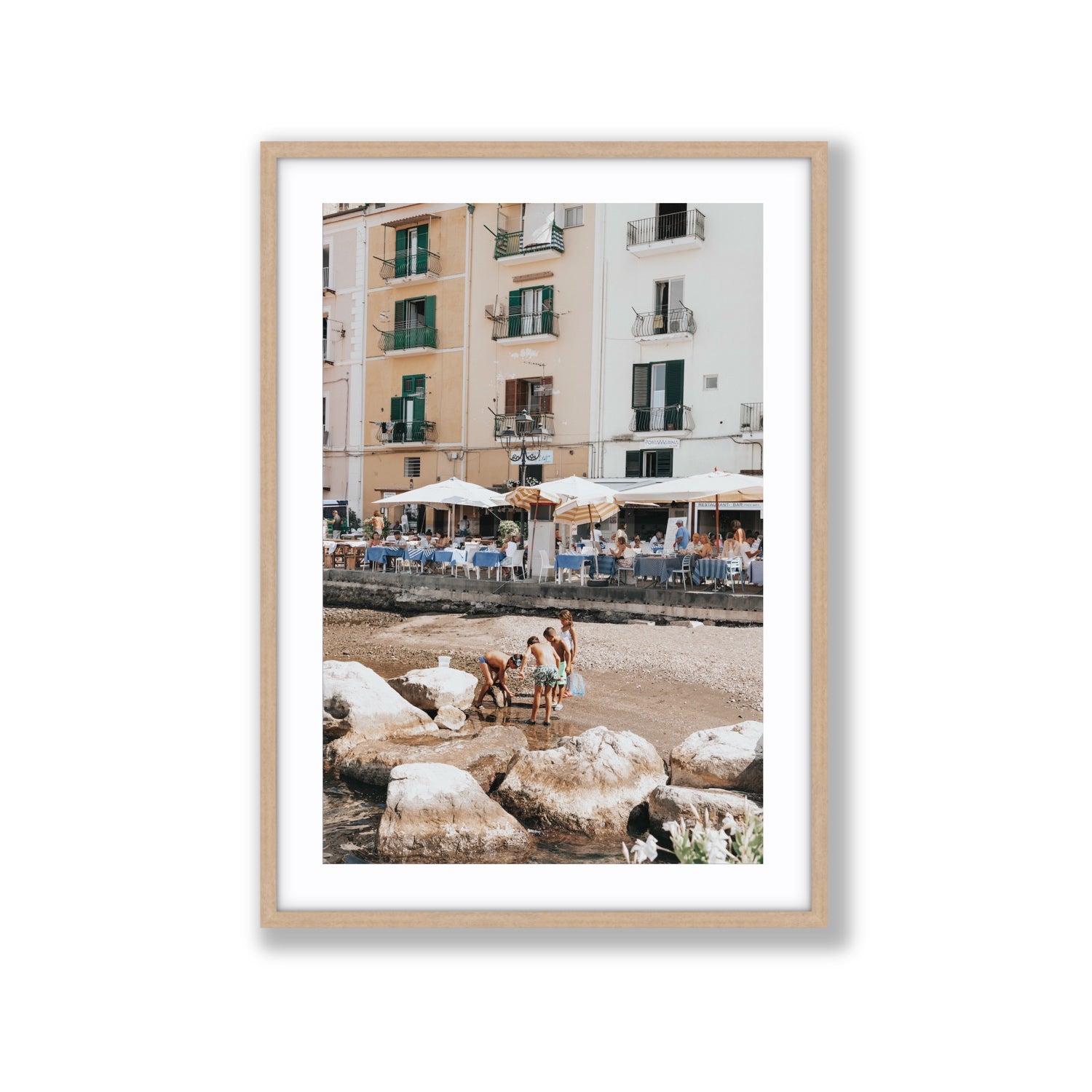 Sunny Playtime Sorrento coastal wall art Extra Large fine art print in natural oak frame with matboard