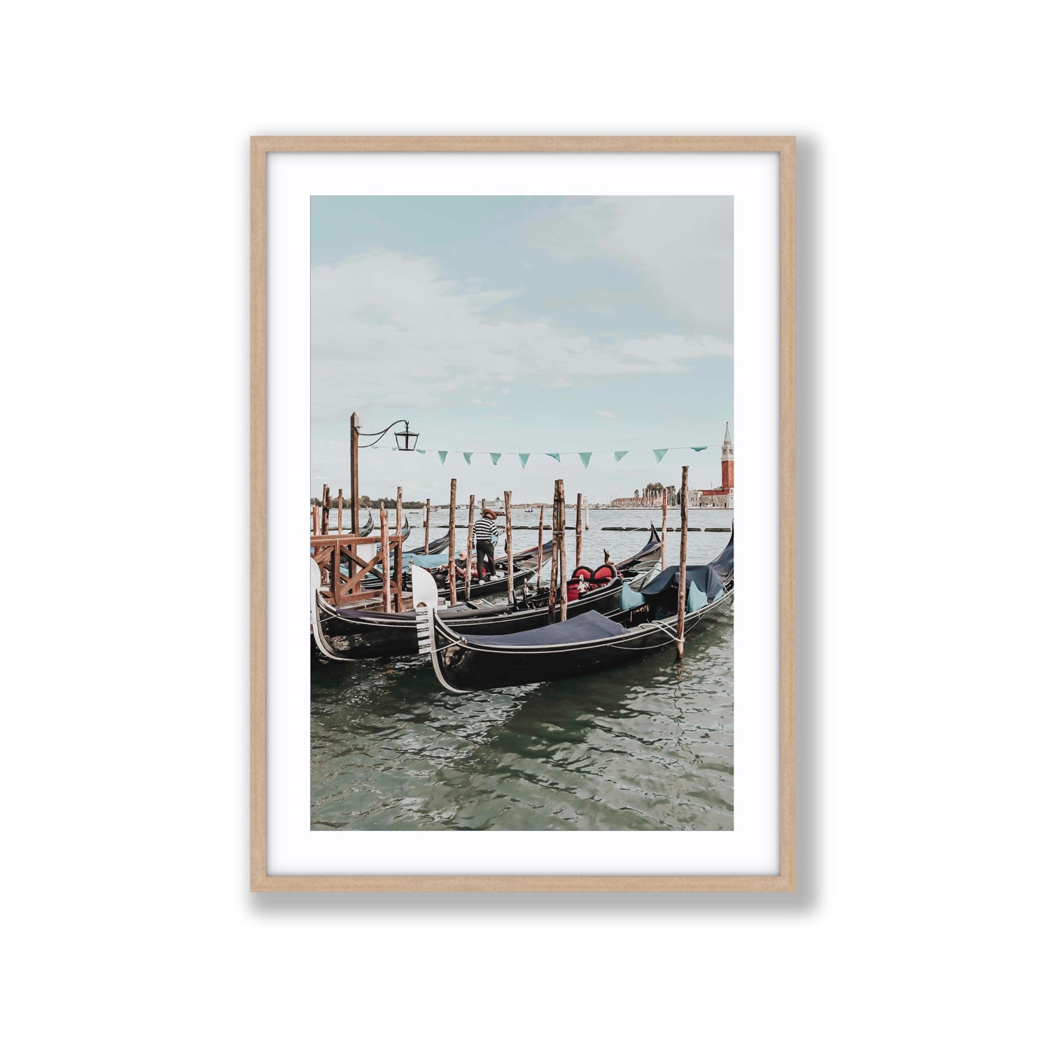 The Gondolier Venice Gondola Italian wall art Extra Large fine art print in natural oak frame with matboard