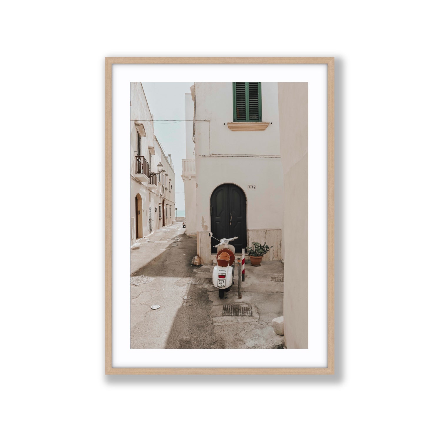 La Casa 42 Puglia Gallipoli Italian wall art Extra Large fine art print in natural oak frame with matboard