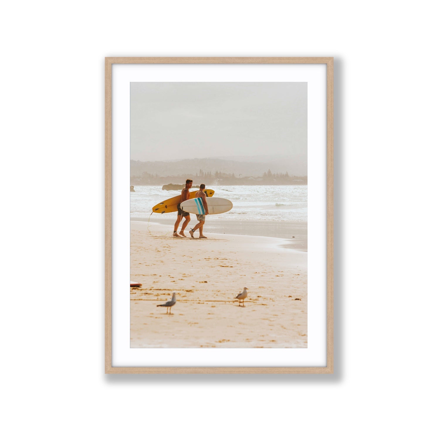 Shane & Benji Byron Bay Surf coastal wall art Extra Large fine art print in natural oak frame with matboard