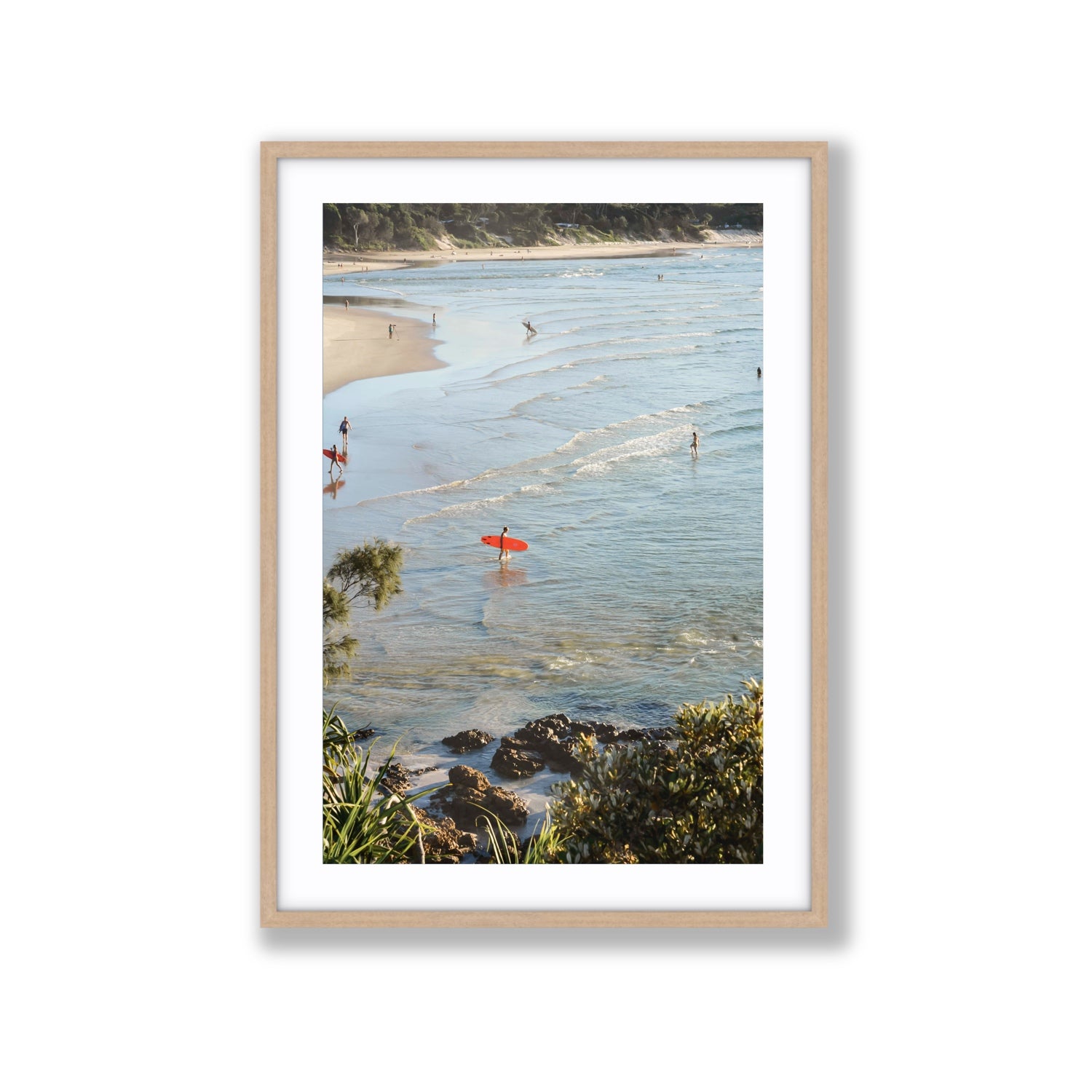 Seclusion Byron Bay Surf coastal wall art Extra Large fine art print in natural oak frame with matboard