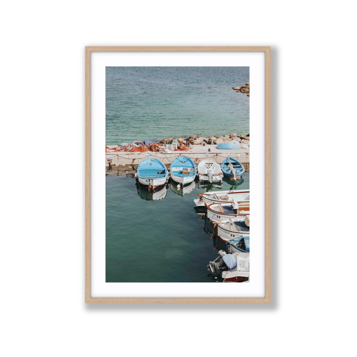 Maritime Memories Puglia Harbour Reflections coastal wall art Extra Large fine art print in natural oak frame with matboard
