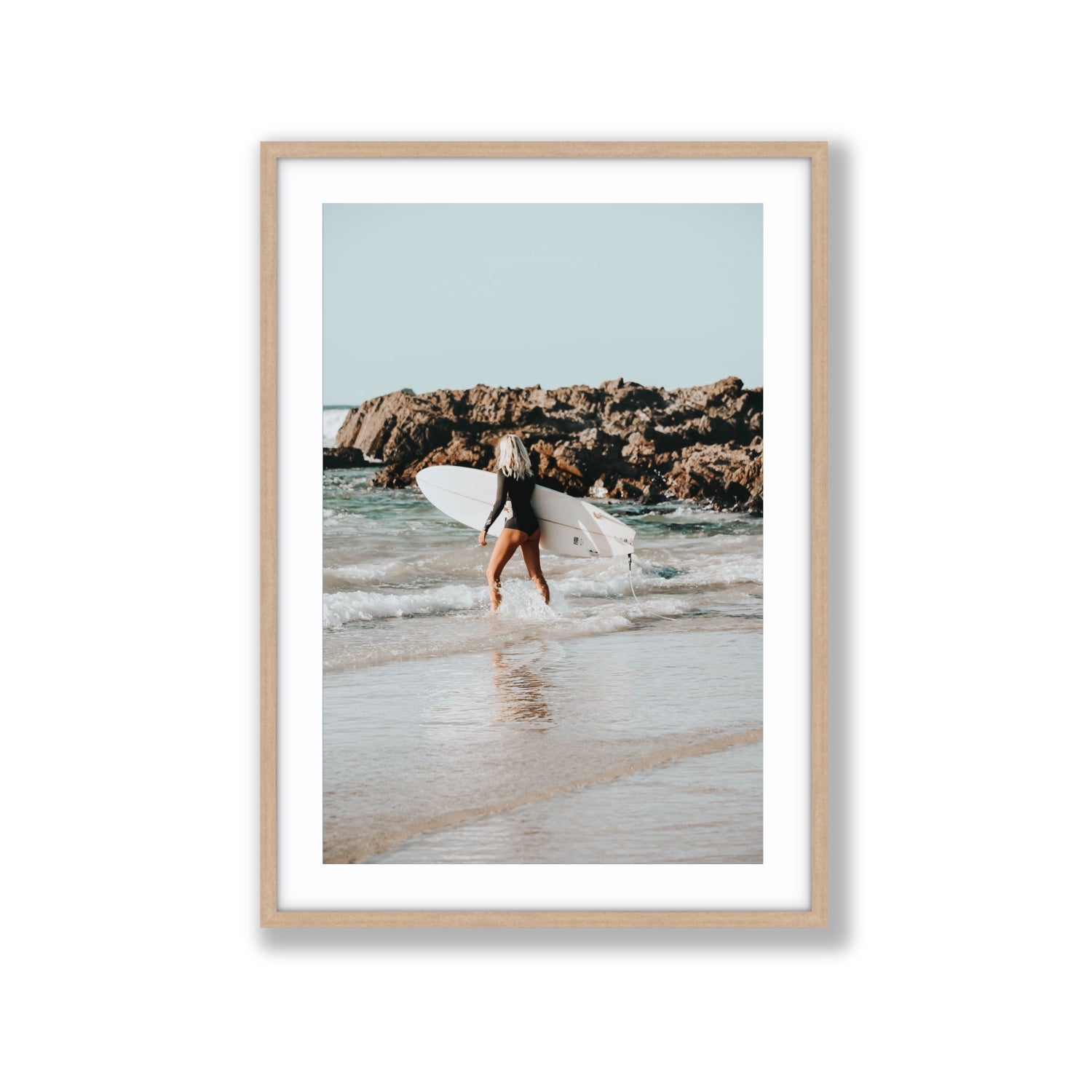 Bethany Byron Bay Surf coastal decor wall art Extra Large fine art print in natural oak frame with matboard