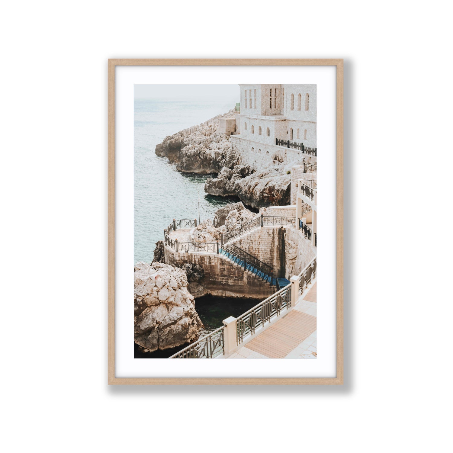 Wellness Centre Puglia coastal wall art Extra Large fine art print in natural oak frame with matboard