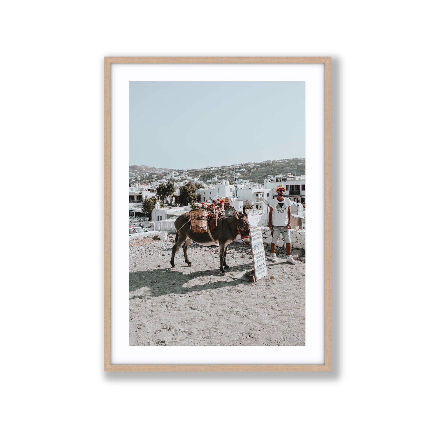 Let The Journey Begin Mykonos Greek island wall art Extra Large fine art print in natural oak frame with matboard