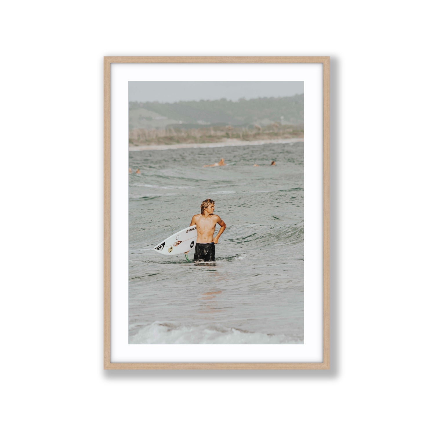 Chasing Mavericks Byron Bay Surf coastal wall art Extra Large fine art print in natural oak frame with matboard