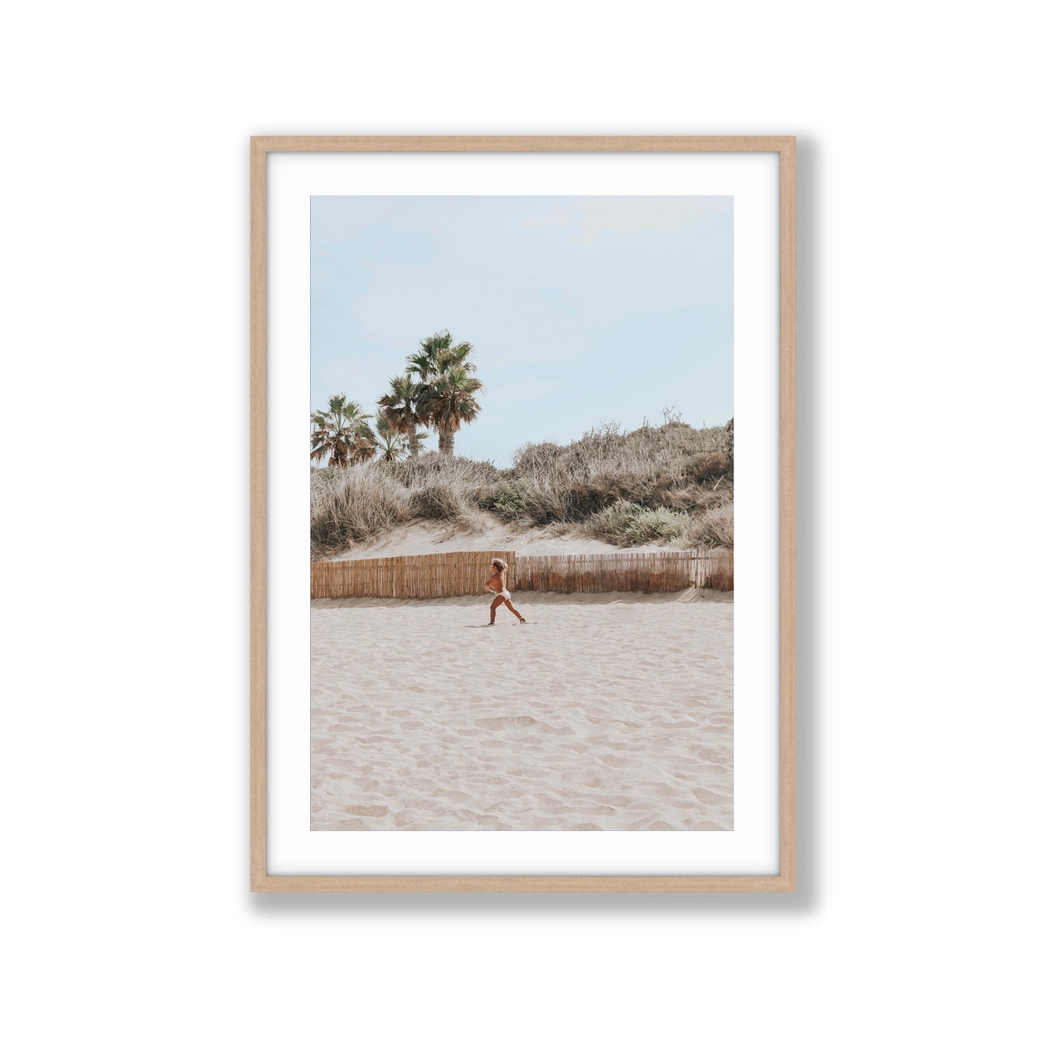 Joyful Sprint Puglia beach coastal fine art print Extra Large fine art print in natural oak frame with matboard