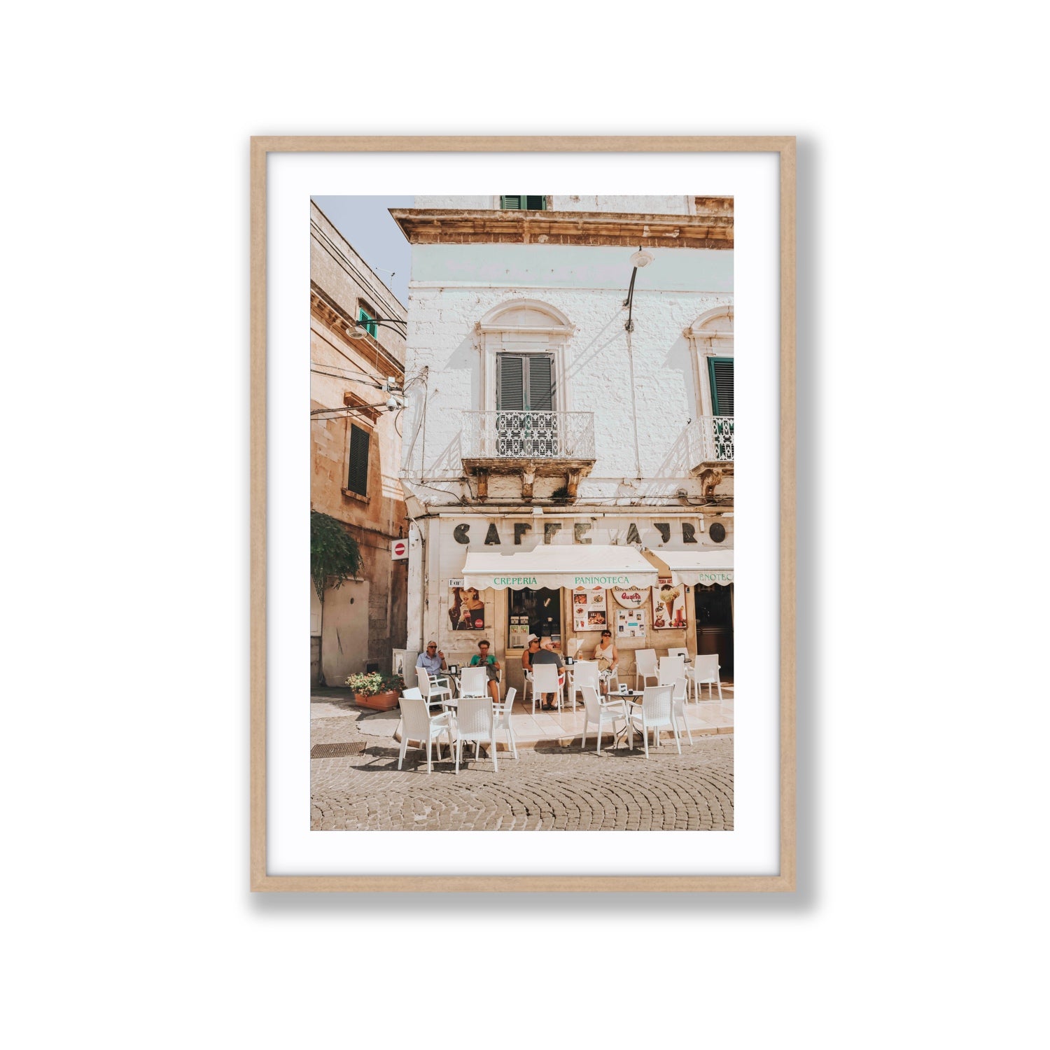 Cafe Ostuni Puglia Café Ostuni Italian wall art Extra Large fine art print in natural oak frame with matboard