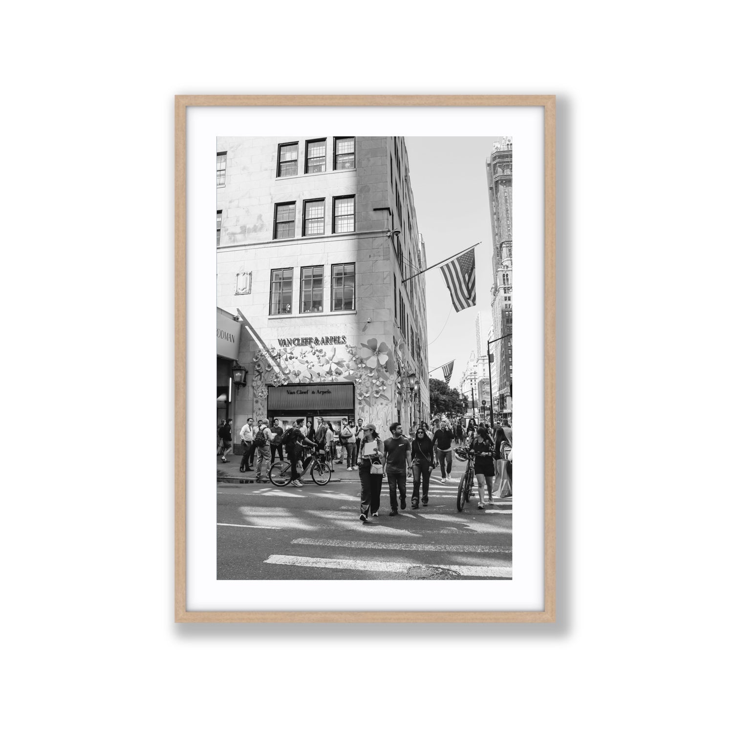 Sidewalk Shuffle New York NYC Black & White wall art Extra Large fine art print in natural oak frame with matboard