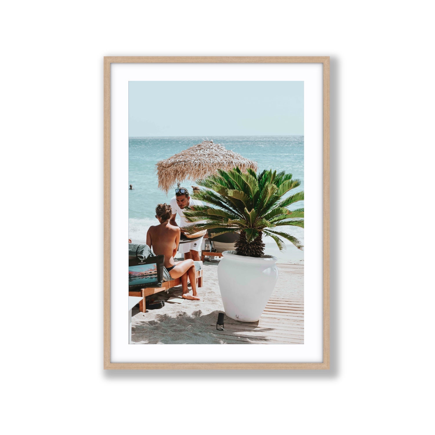 At Your Service Mykonos Greek island wall art Extra Large fine art print in natural oak frame with matboard
