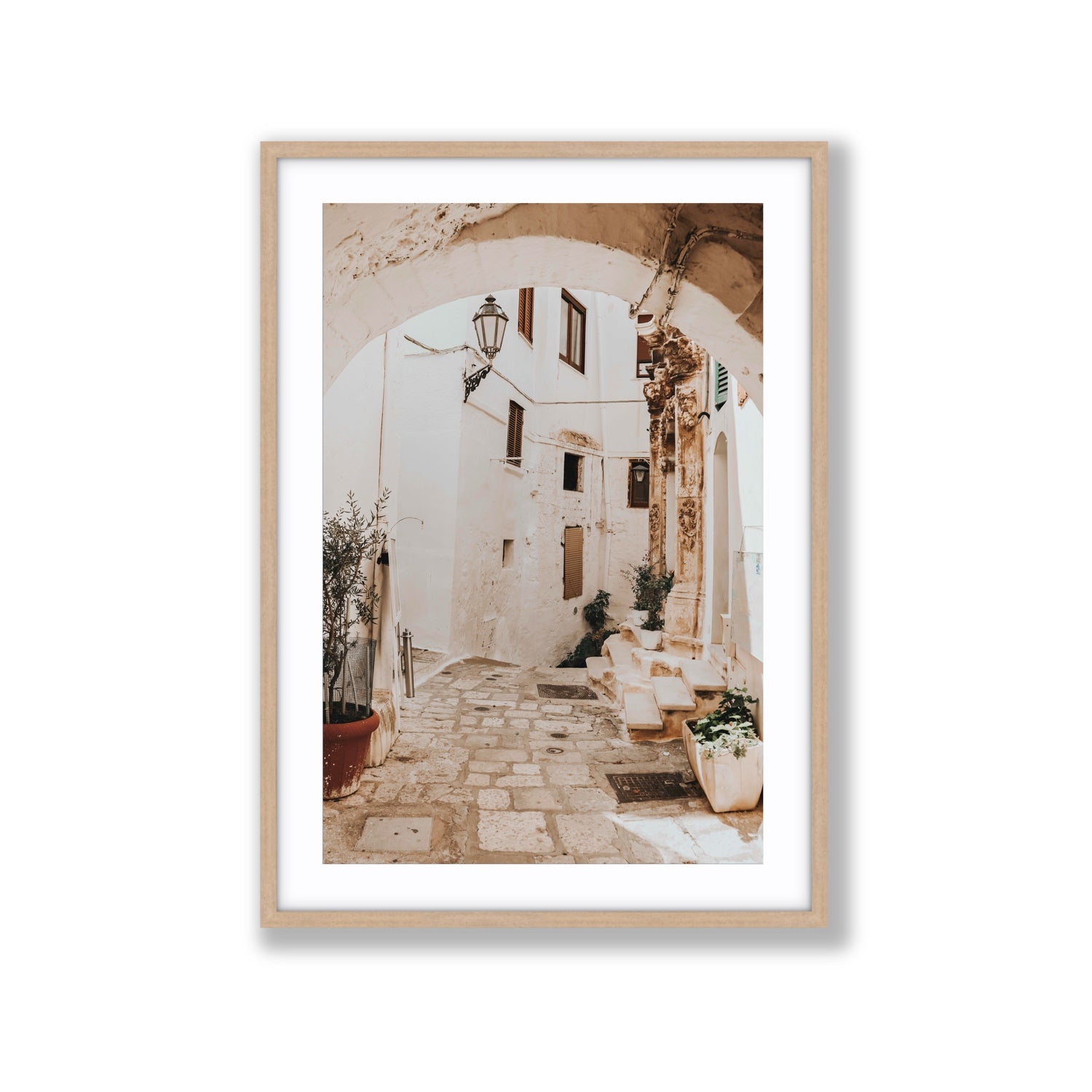 Pathway Wander Puglia Ostuni wall art Extra Large fine art print in natural oak frame with matboard