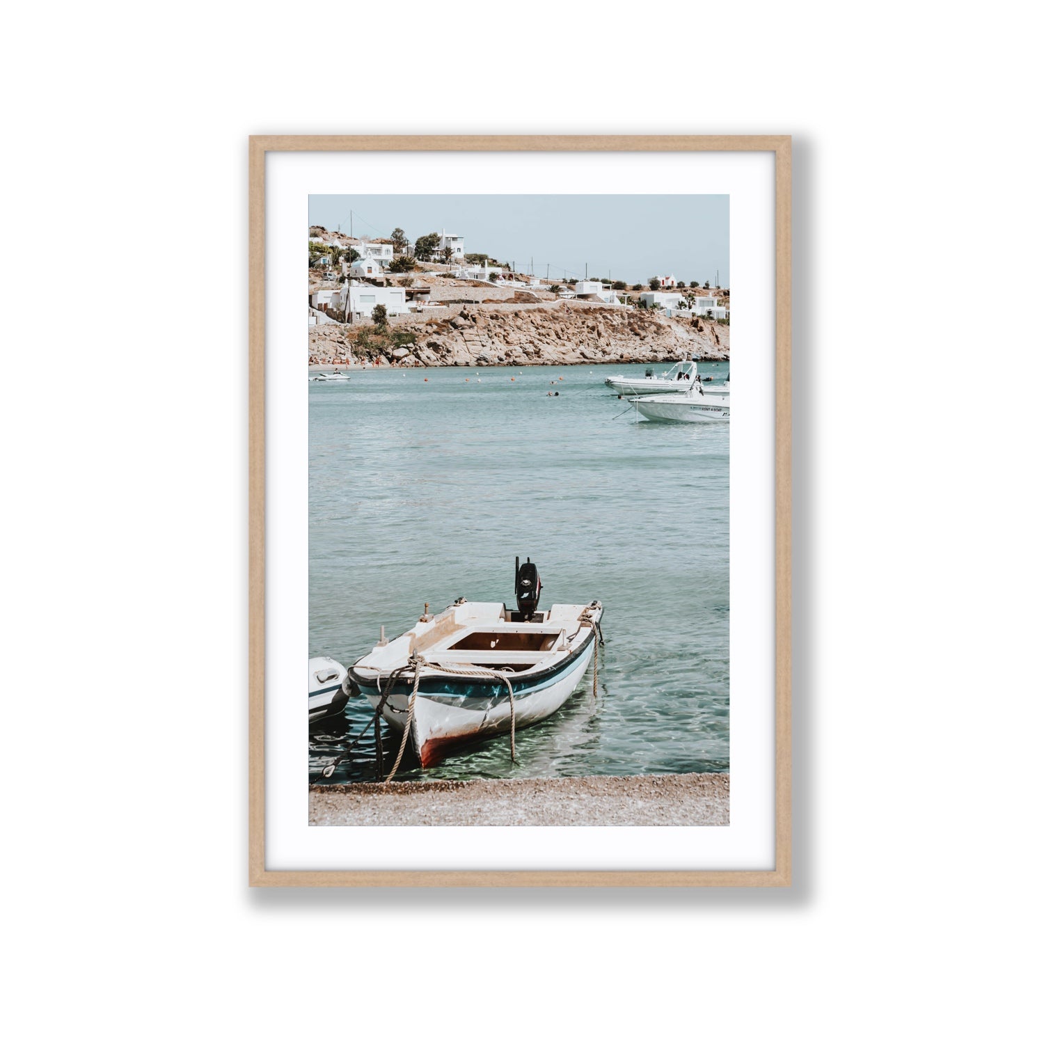 Classic Wheels Mykonos Greek island wall art Extra Large fine art print in natural oak frame with matboard