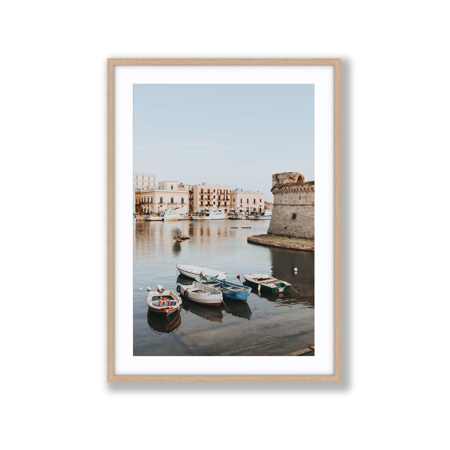 Gallipoli Harbour Puglia coastal wall art Extra Large fine art print in natural oak frame with matboard