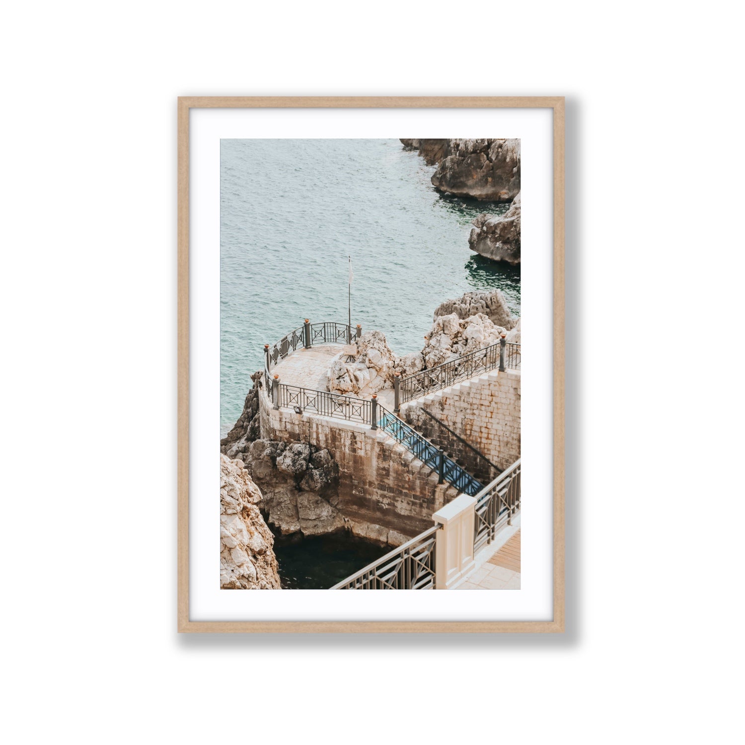 Tidal Staircase Puglia coastal Italian wall art Extra Large fine art print in natural oak frame with matboard
