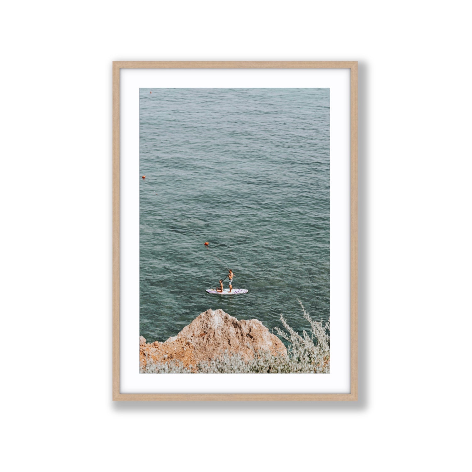 Into The Vibe Without Getting Wet Tuscany coastal wall art Extra Large fine art print in natural oak frame with matboard