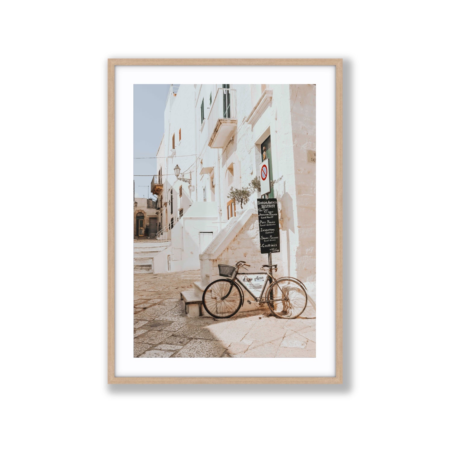 La Bicicletta Puglia Ostuni wall art Extra Large fine art print in natural oak frame with matboard