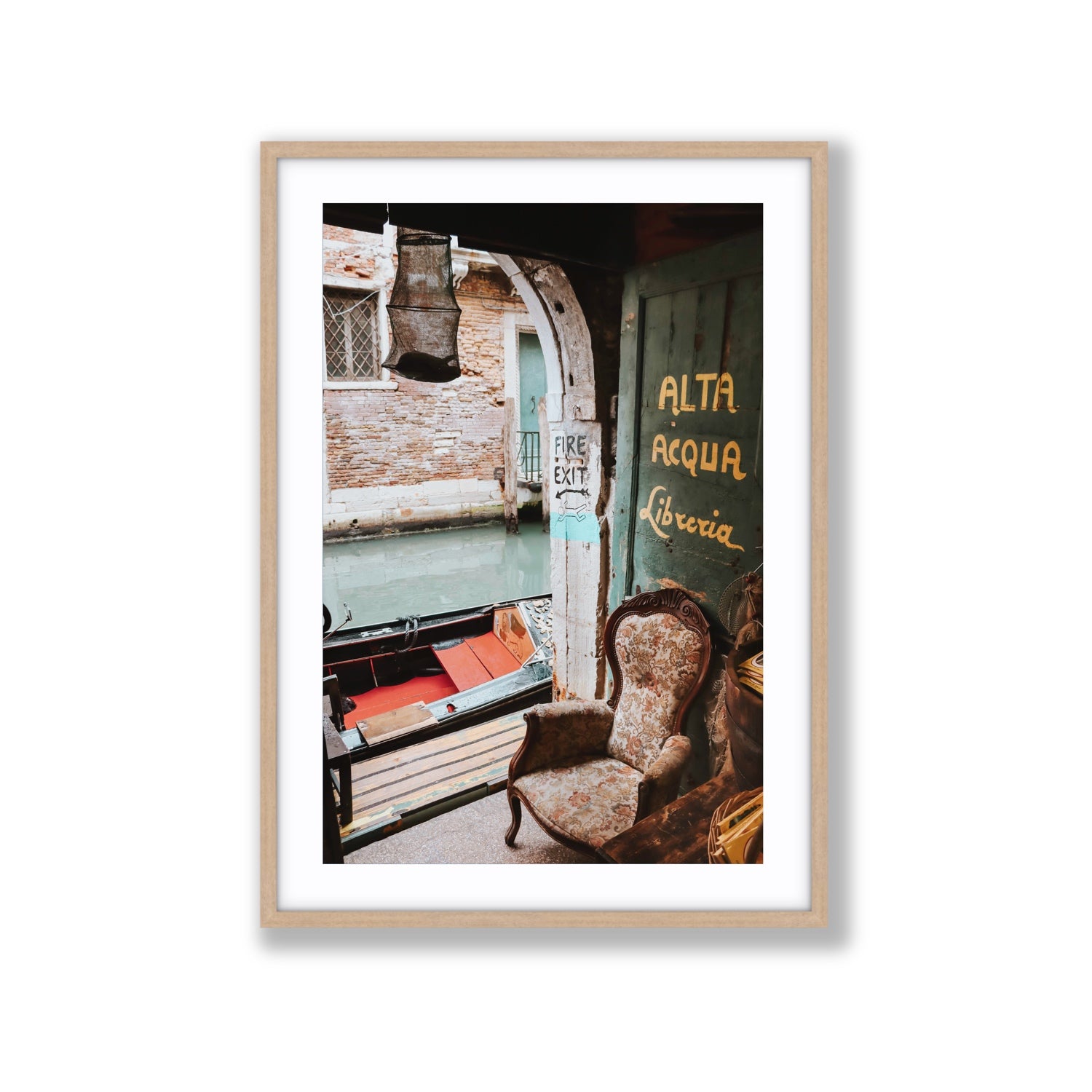 Alta Acqua Venice Bookstore wall art Extra Large fine art print in natural oak frame with matboard