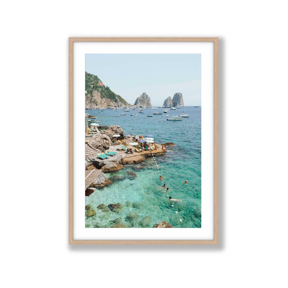Summertime Blues Capri Mediterranean wall art Extra Large fine art print in natural oak frame with matboard