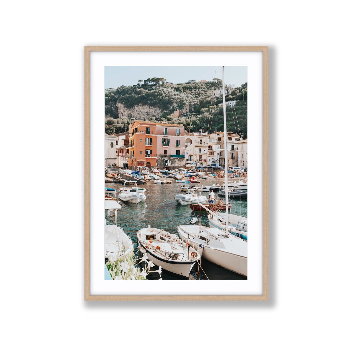 Marina Grande Sorrento coastal Italian wall art Extra Large fine art print in natural oak frame with matboard