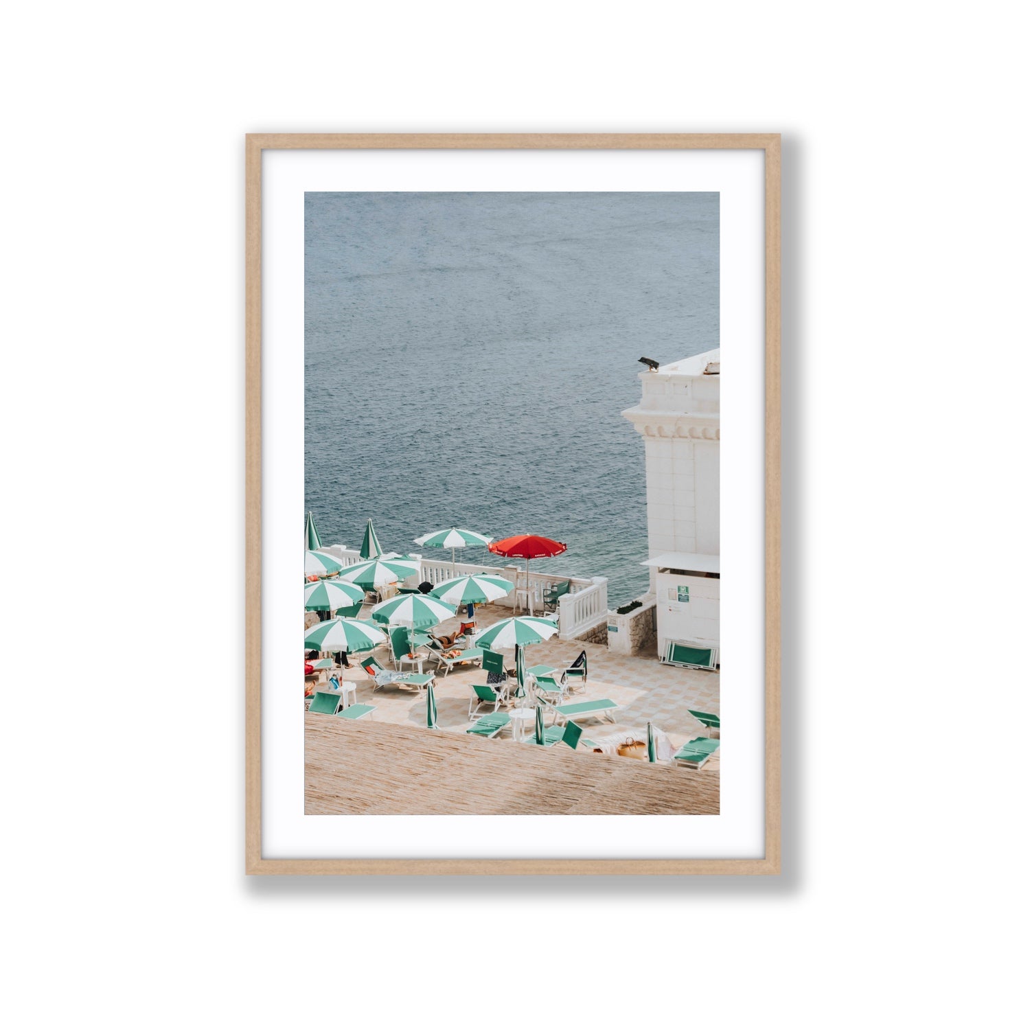 Lido Italiano Puglia beach Italian wall art Extra Large fine art print in natural oak frame with matboard