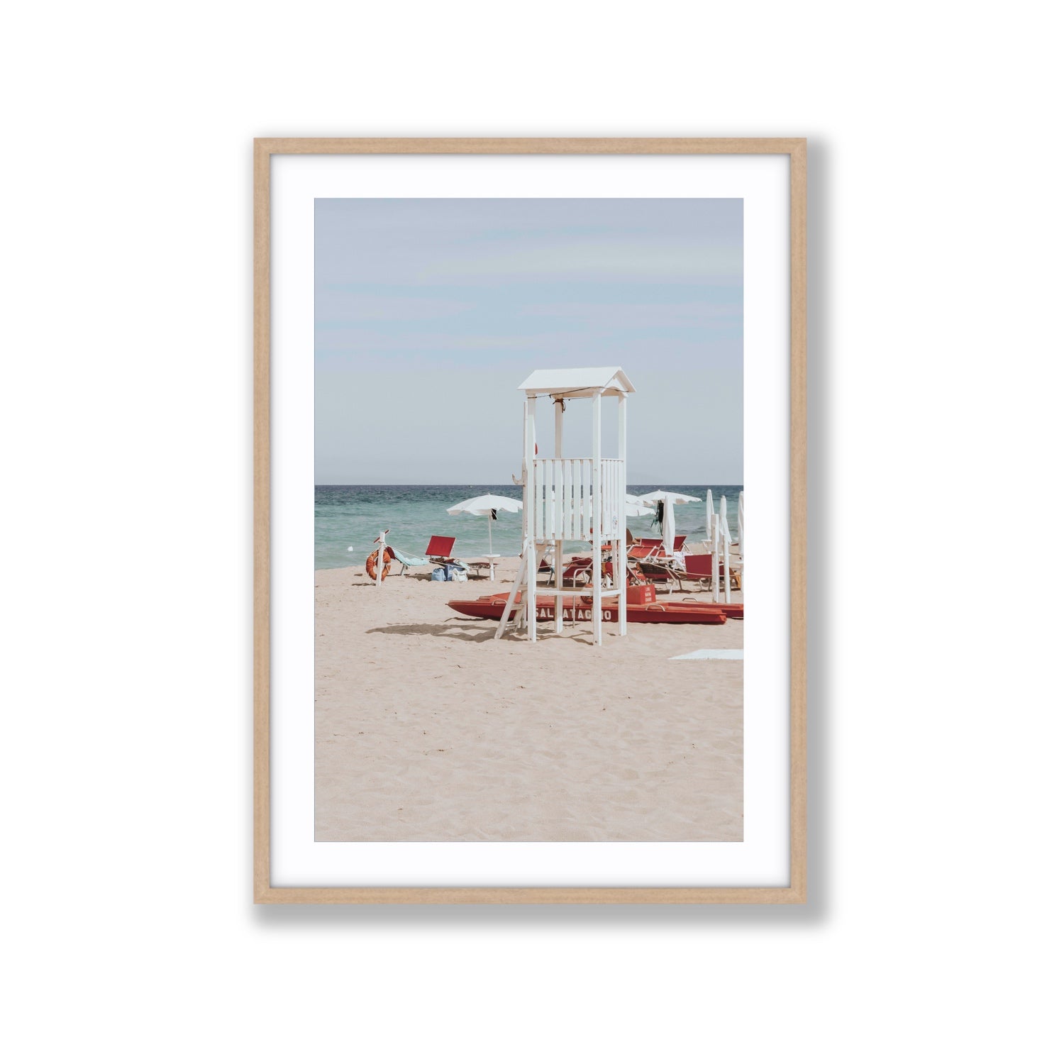 Barefoot Bliss Puglia beach Italian coastal decor wall art Extra Large fine art print in natural oak frame with matboard