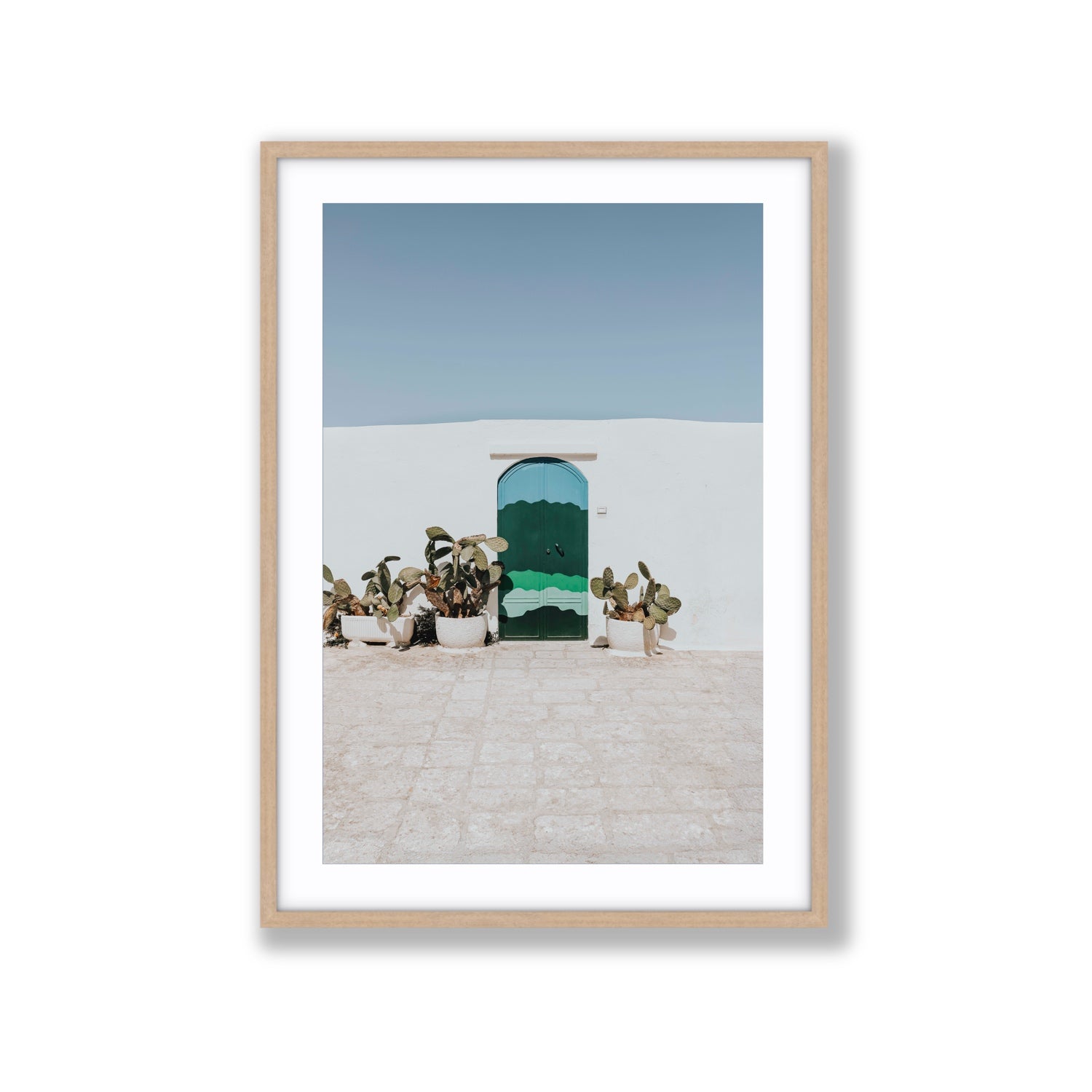 Imaginary Exit Puglia Mediterranean wall art Extra Large fine art print in natural oak frame with matboard