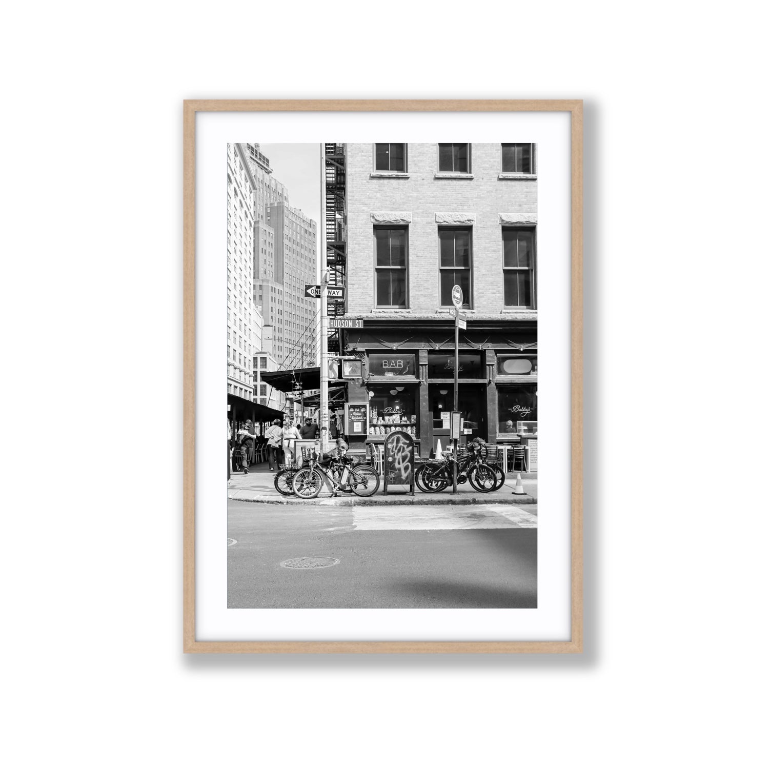 Bites Of The Big Apple New York NYC Black & White wall art Extra Large fine art print in natural oak frame with matboard
