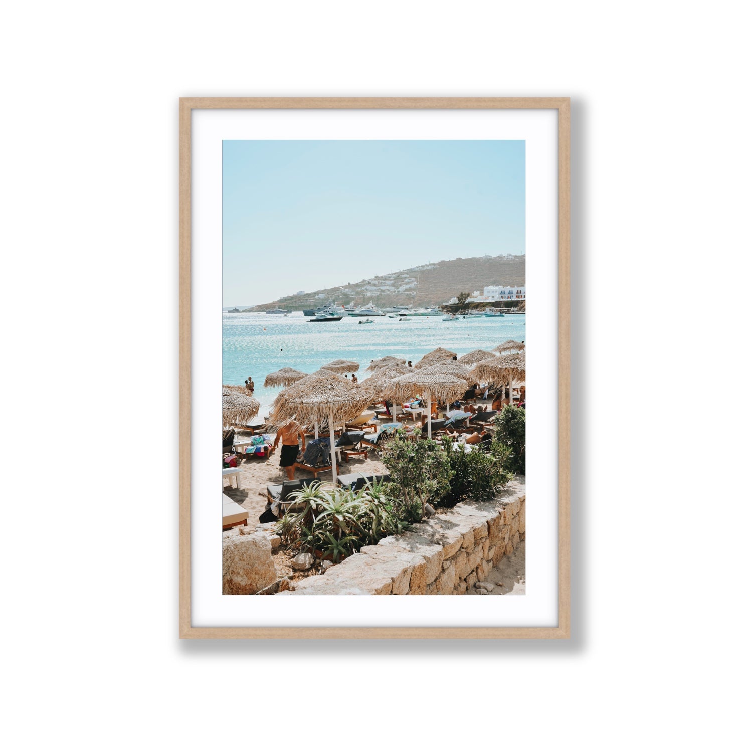 Beachside Huts Mykonos Greek island wall art Extra Large fine art print in natural oak frame with matboard
