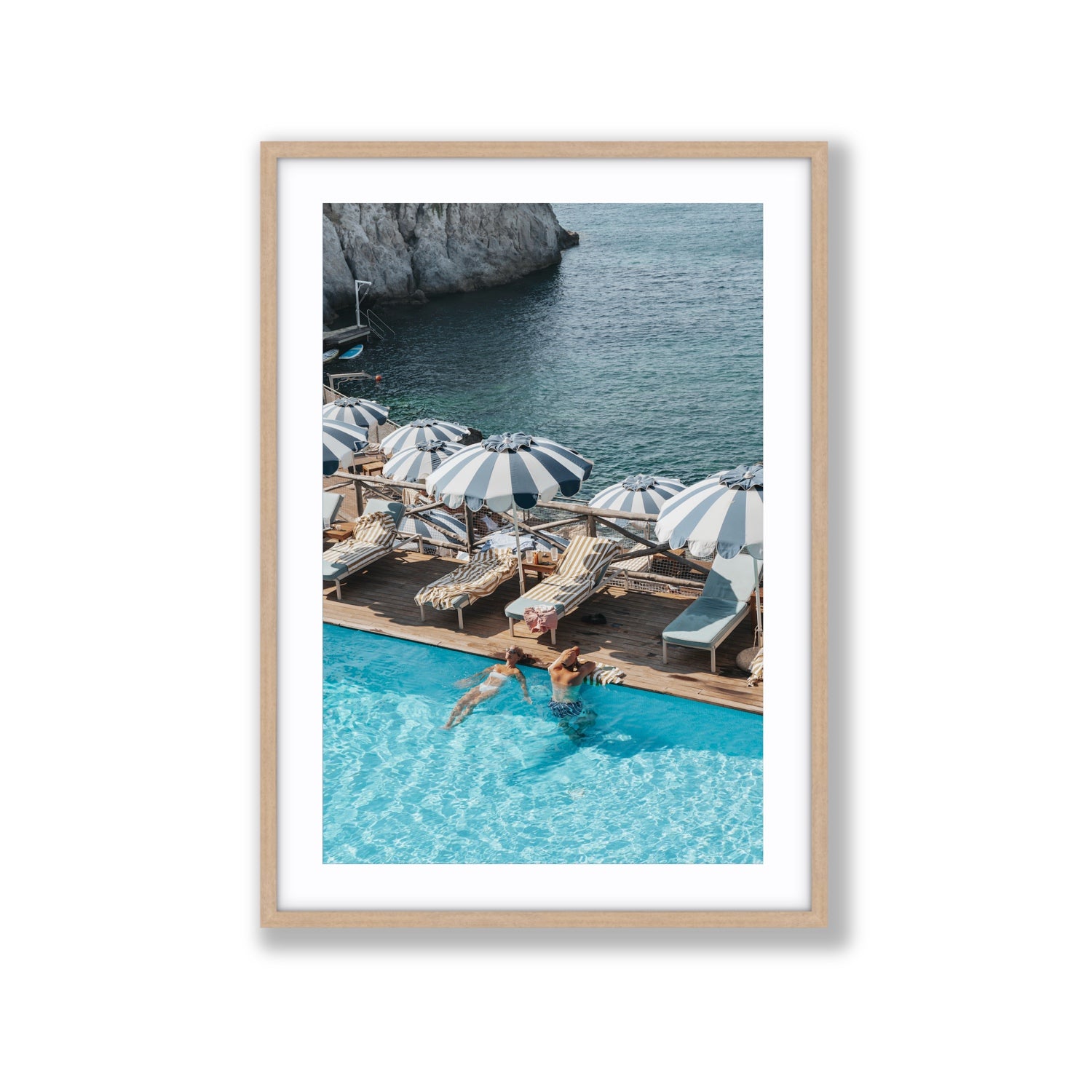 I'm Busy Ischia Italian coastal Mediterranean wall art Extra Large fine art print in natural oak frame with matboard