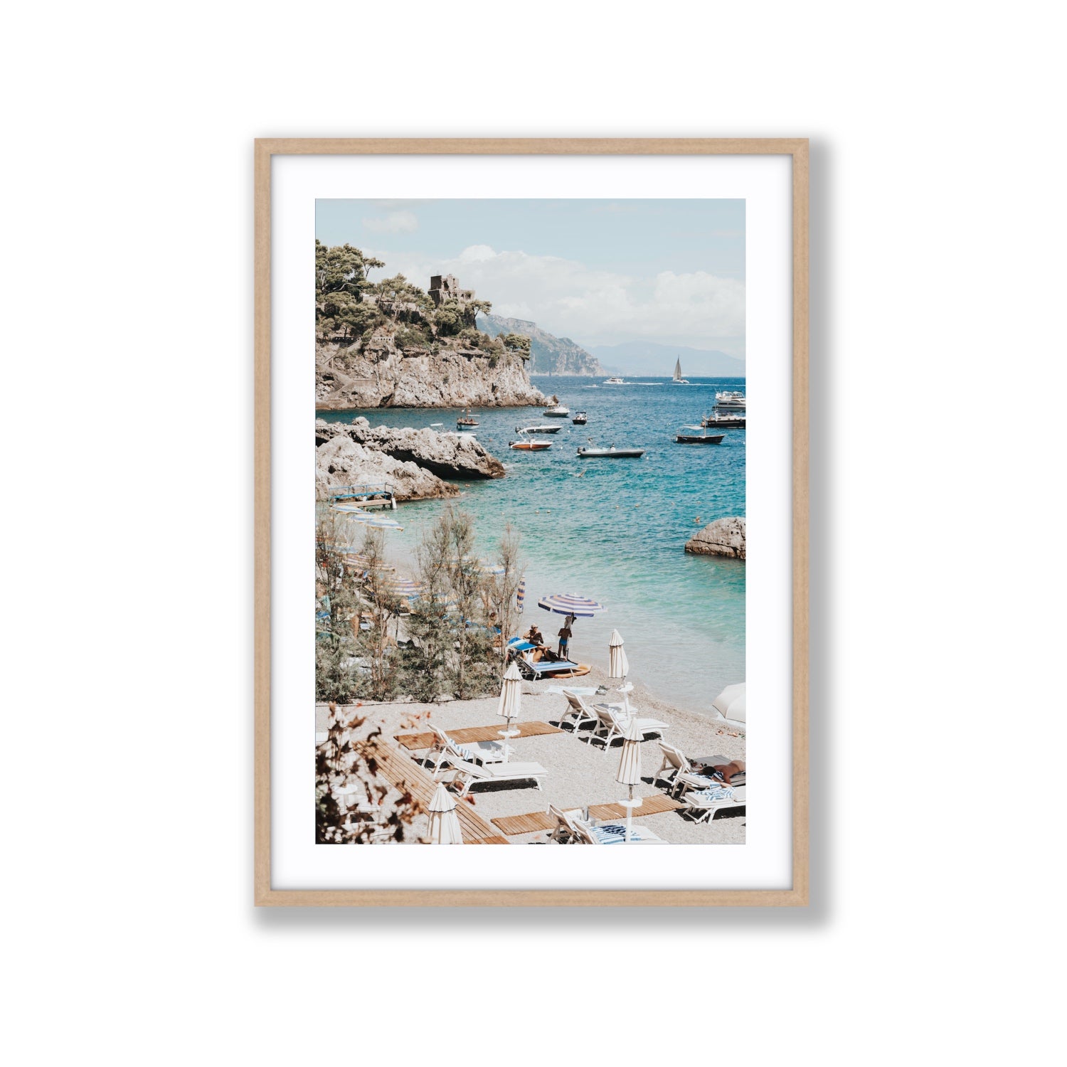Sizzling Summer Days Amalfi coastal wall art Extra Large fine art print in natural oak frame with matboard