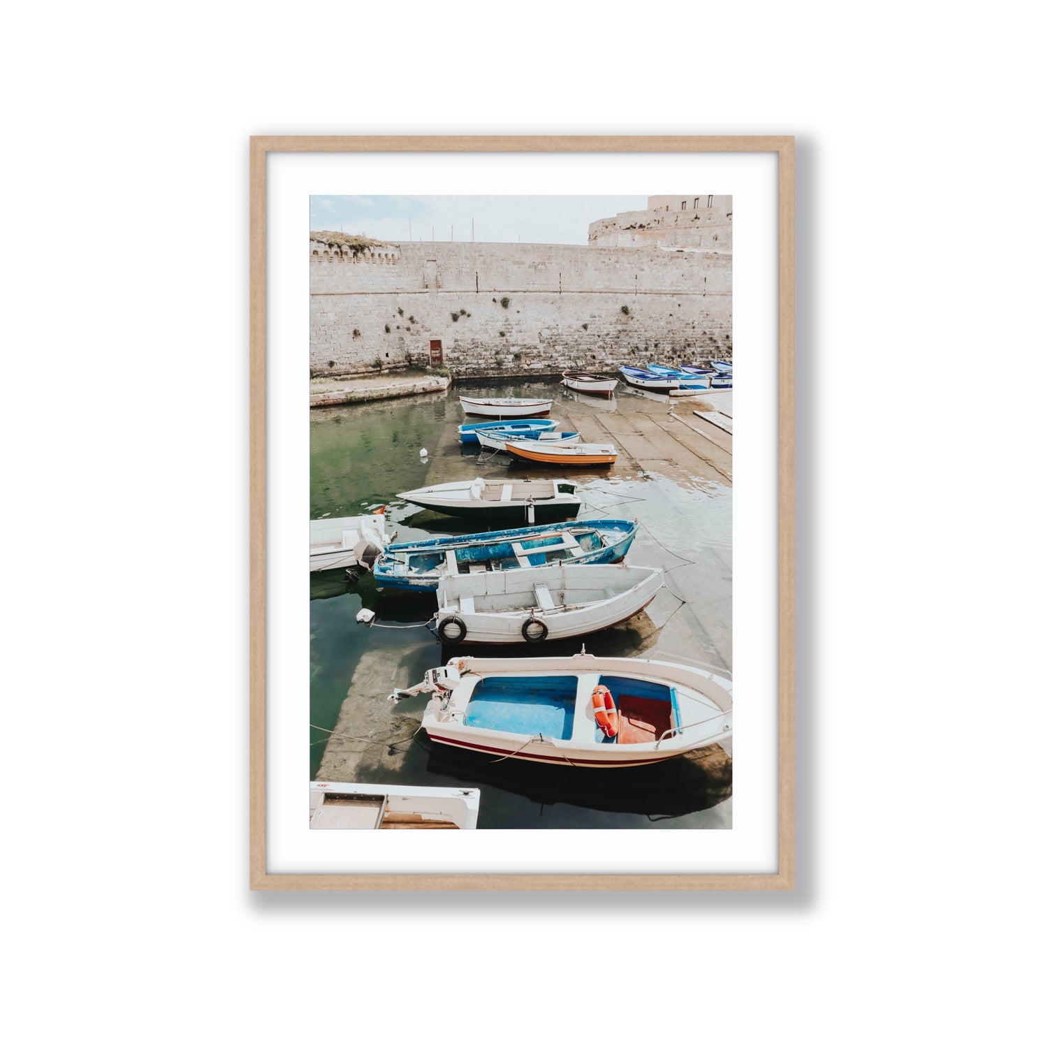 Harbour Palette Puglia coastal photography wall art Extra Large fine art print in natural oak frame with matboard