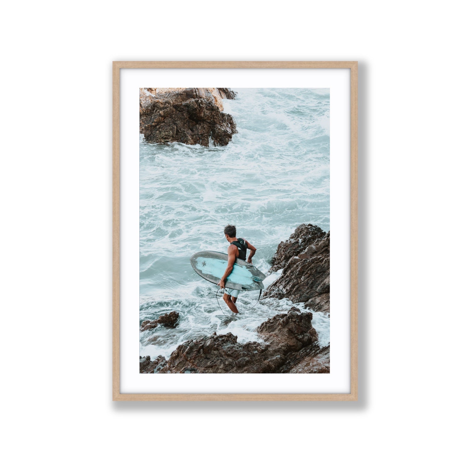Into The Soup Byron Bay Surf coastal wall art Extra Large fine art print in natural oak frame with matboard