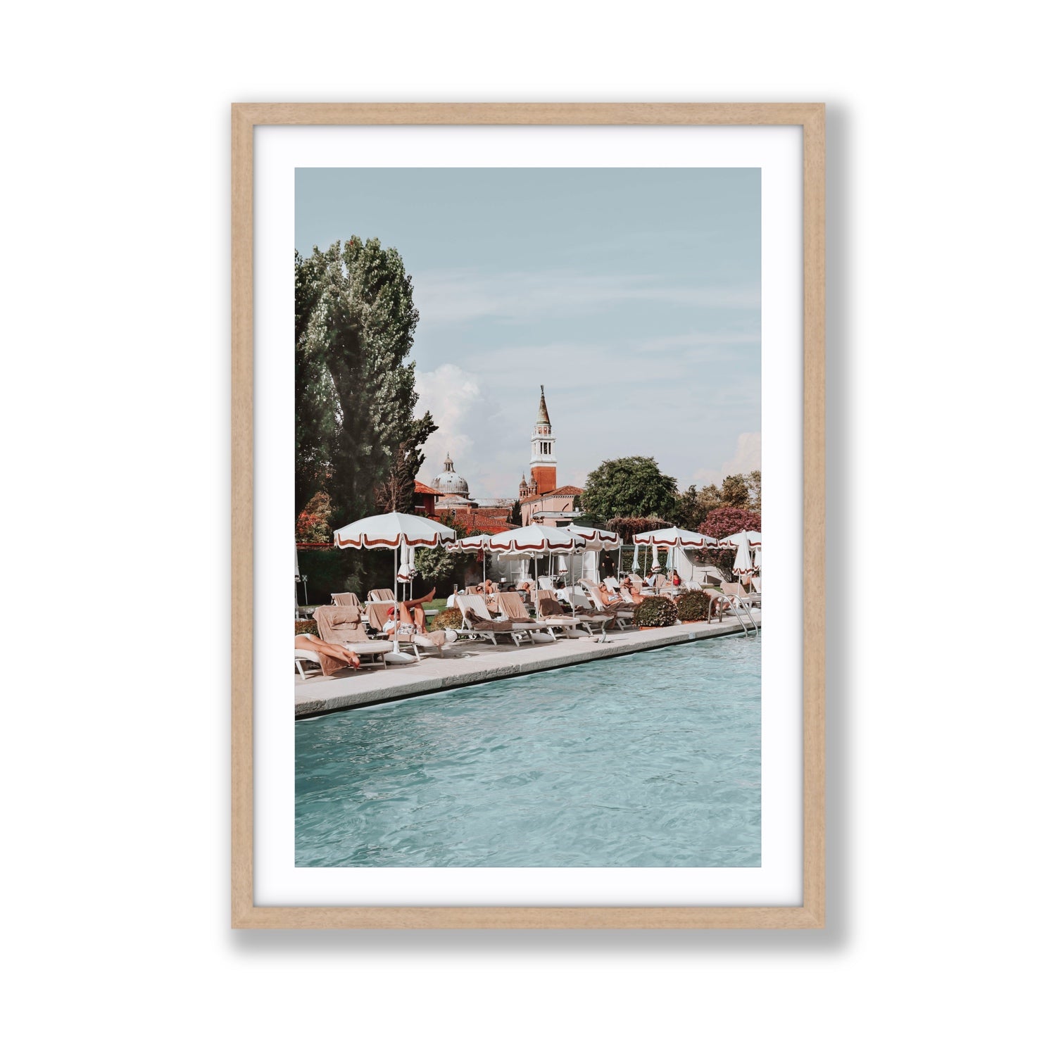Poolside Perch Venice Italian wall art Giant fine art print in natural oak frame with matboard