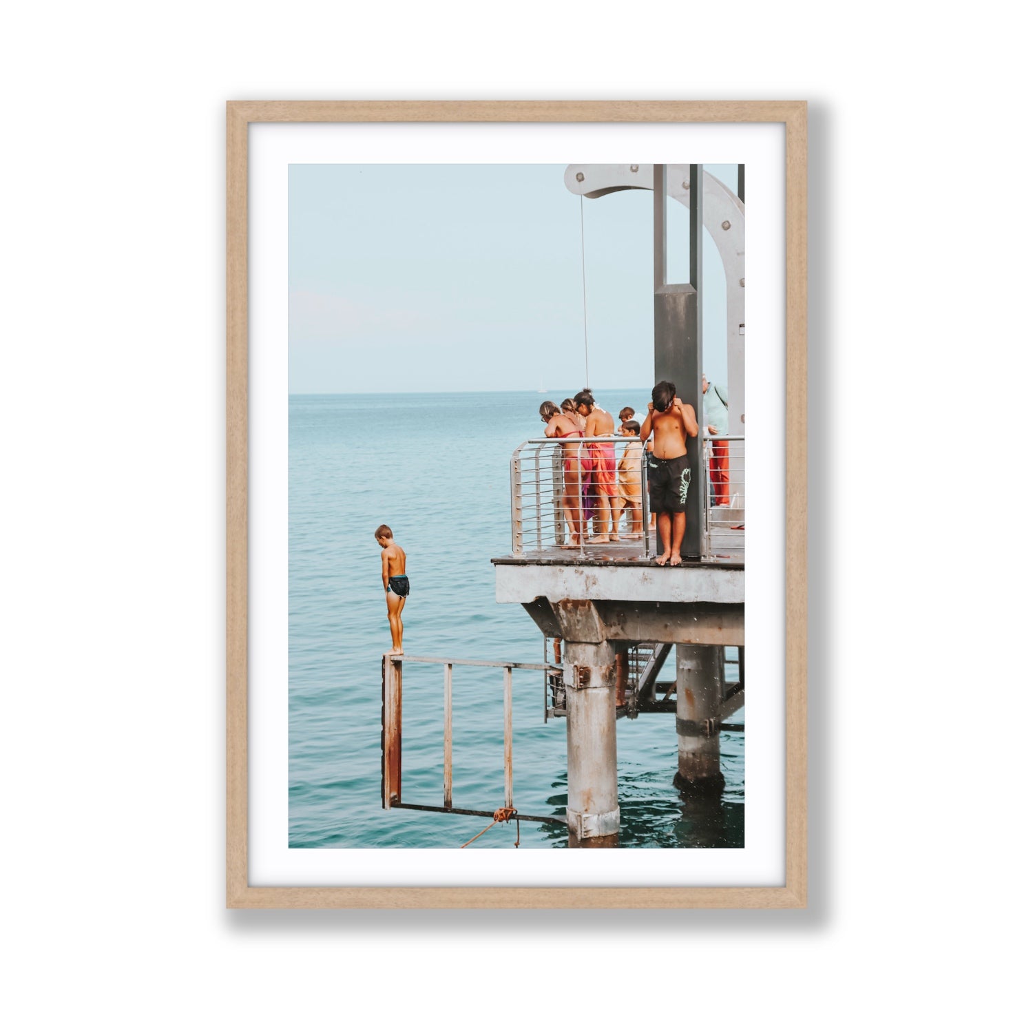 Golden Boy Alassio coastal decor wall art Giant fine art print in natural oak frame with matboard