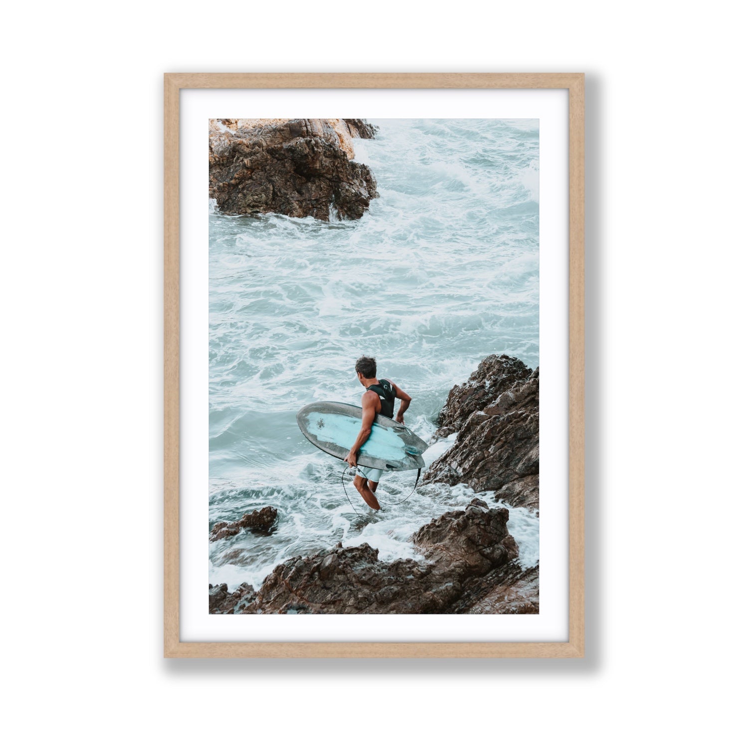 Into The Soup Byron Bay Surf coastal wall art Giant fine art print in natural oak frame with matboard