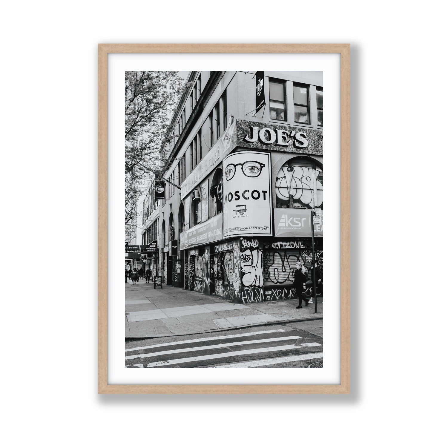 Lower East Side Murals New York NYC Black & White wall art Giant fine art print in natural oak frame with matboard