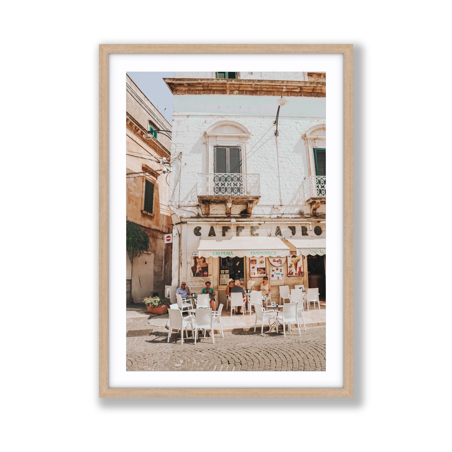 Cafe Ostuni Puglia Café Ostuni Italian wall art Giant fine art print in natural oak frame with matboard