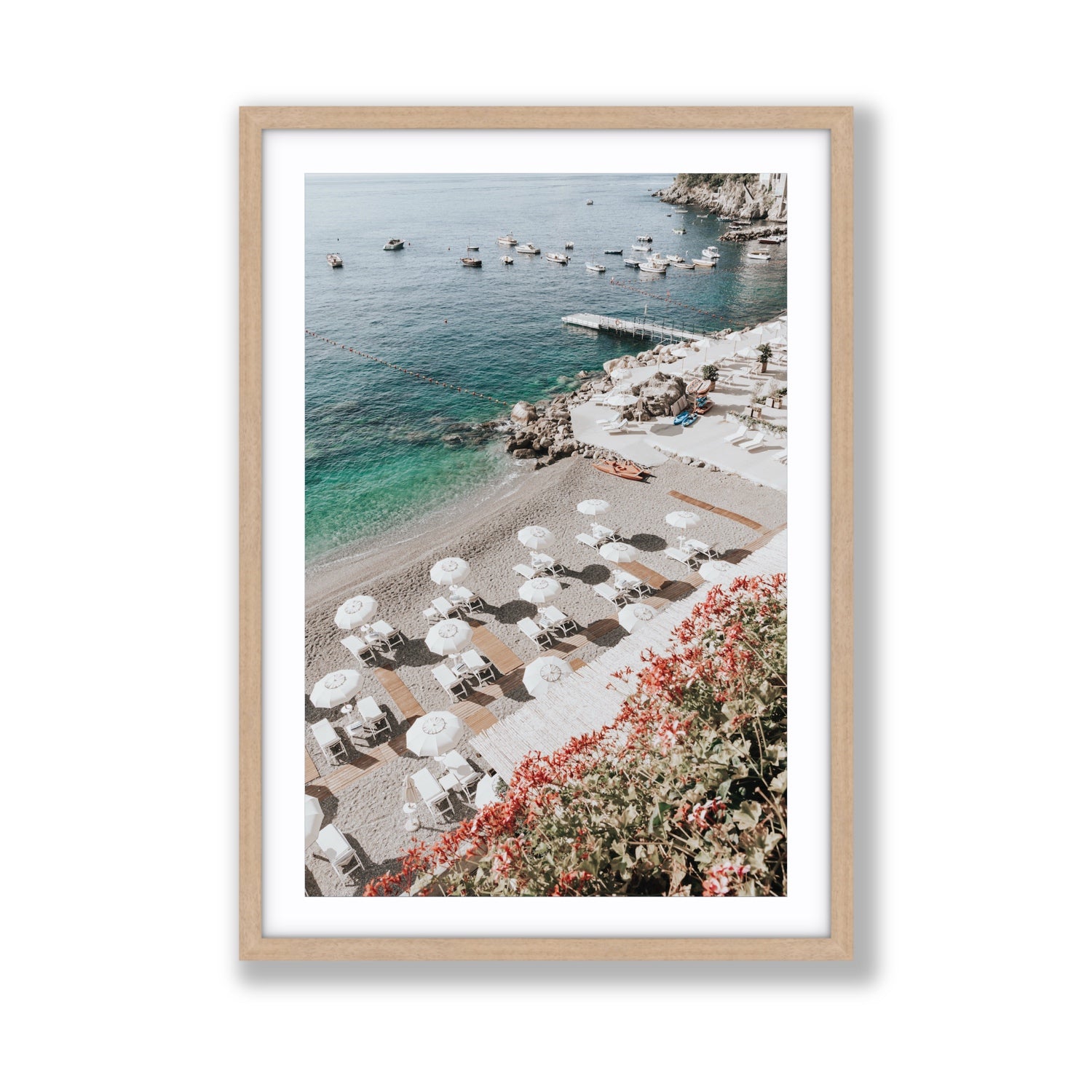 Tranquil Oasis Amalfi coastal wall art Giant fine art print in natural oak frame with matboard