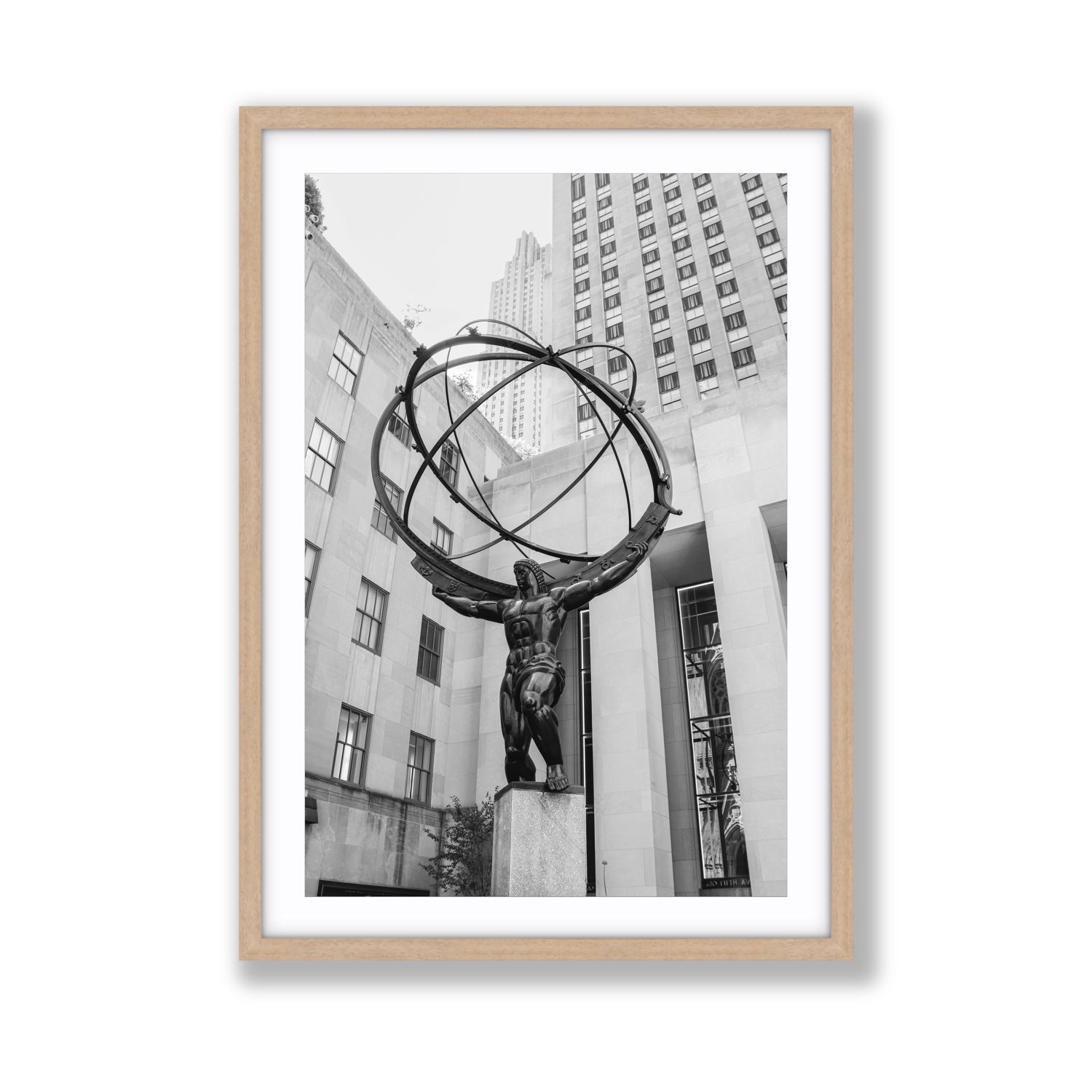 Atlas Ascends New York NYC Black & White wall art Giant fine art print in natural oak frame with matboard