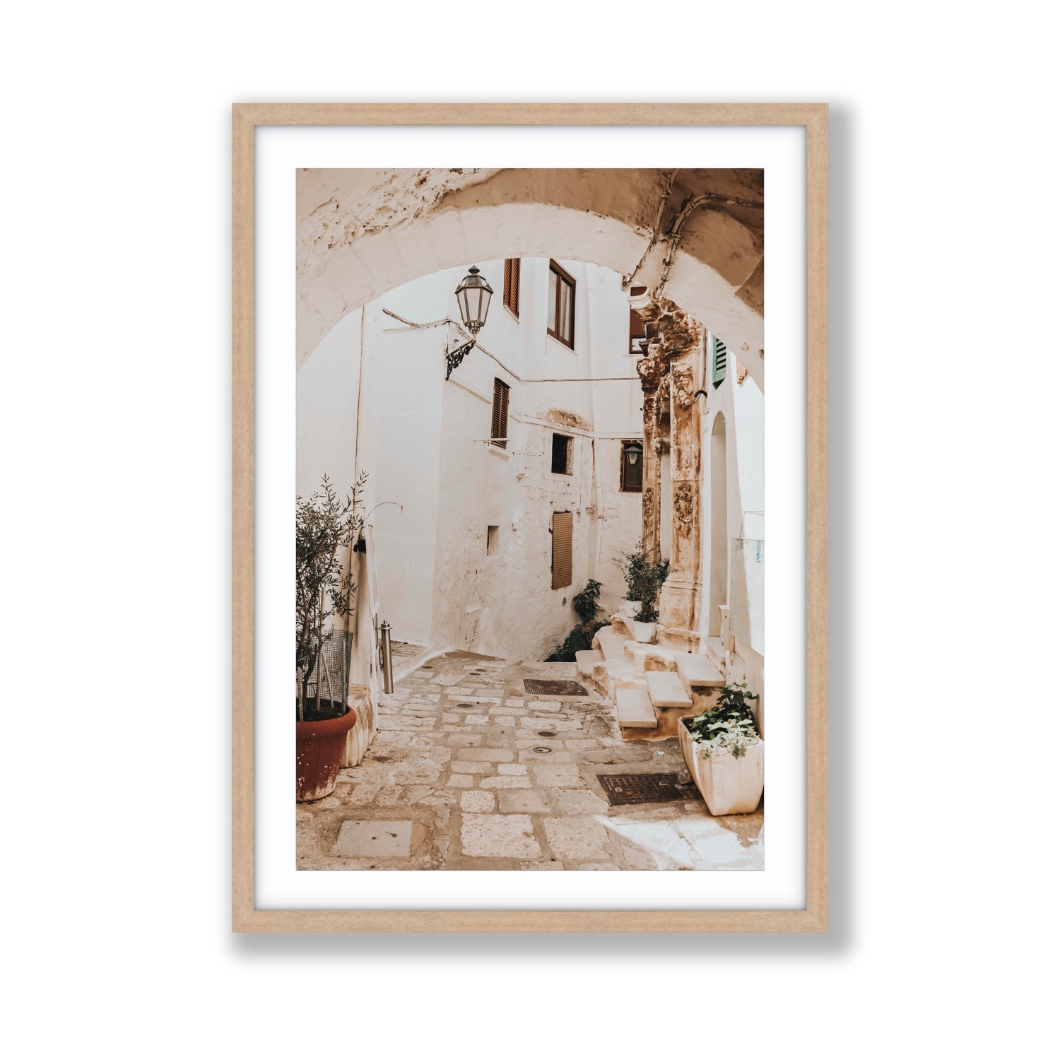 Pathway Wander Puglia Ostuni wall art Giant fine art print in natural oak frame with matboard