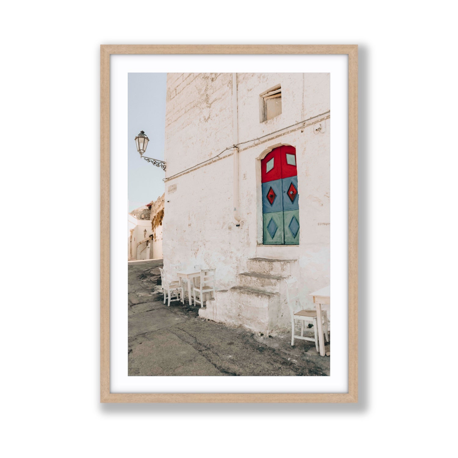 Doorway Delight Puglia Ostuni wall art Giant fine art print in natural oak frame with matboard